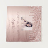 誕生日パーティカスタムー写真バラ金ゴールドグリッターピンク タペストリー (正面(横))