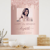 誕生日パーティカスタムー写真バラ金ゴールドグリッターピンク ポスター (キッチン)