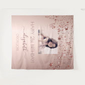 誕生日パーティカスタムー写真バラ金ゴールドスターピンク タペストリー (正面(横))