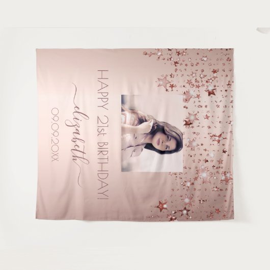 誕生日パーティカスタムー写真バラ金ゴールドスターピンク タペストリー (正面(横))