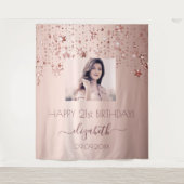 誕生日パーティカスタムー写真バラ金ゴールドスターピンク タペストリー (正面)