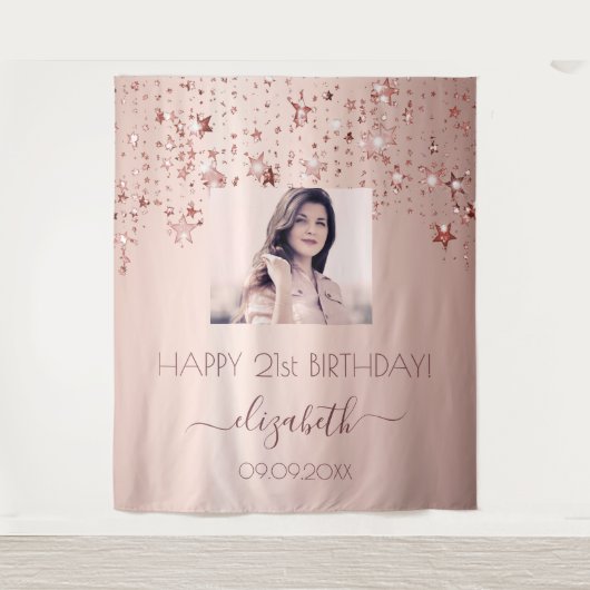 誕生日パーティカスタムー写真バラ金ゴールドスターピンク タペストリー (正面)