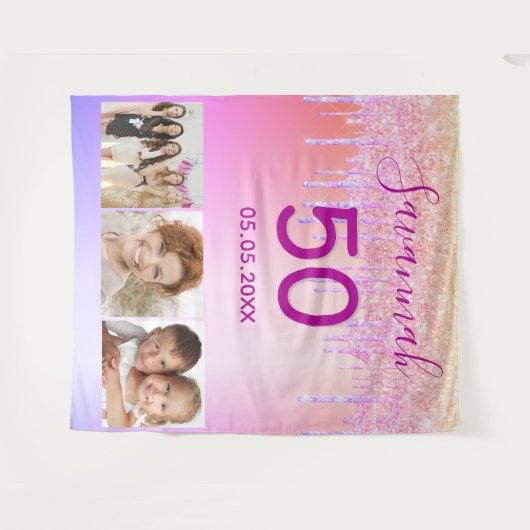 誕生日パーティカスタムー写真ピンクの金ゴールドグリッタードリップ タペストリー (正面(横))