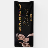 誕生日パーティカスタムー写真ブラック金ゴールドガイモダンド 横断幕 (縦)