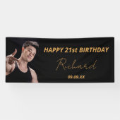 誕生日パーティカスタムー写真ブラック金ゴールドガイモダンド 横断幕 (横)