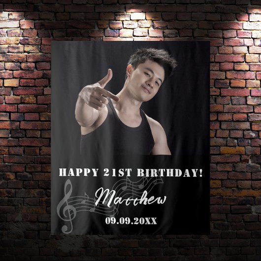誕生日パーティカスタムー写真白黒ミュージックガイ タペストリー