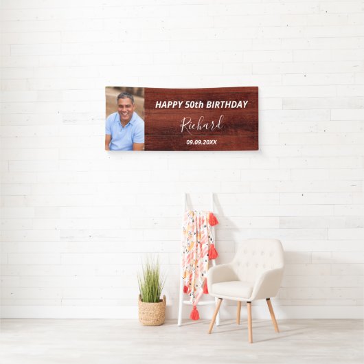 誕生日パーティカスタムー写真素朴な茶色の木 横断幕 (インサイチュ)