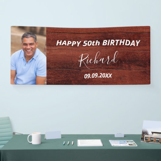 誕生日パーティカスタムー写真素朴な茶色の木 横断幕 (トレードショー)