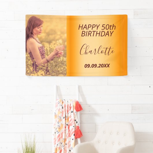 誕生日パーティカスタムー写真金ゴールドモダングラム 横断幕 (インサイチュ)