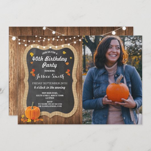 誕生日パーティカボチャ素朴ンウッドチョーク写真 招待状 (正面/裏面)