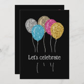 誕生日パーティカラフルグリッターバルーン 招待状 (正面/裏面)