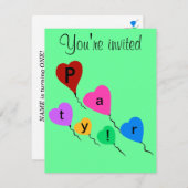 誕生日パーティカラフルハートバルーン招待状 招待状 (正面/裏面)
