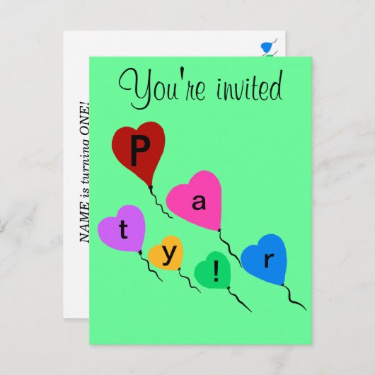 誕生日パーティカラフルハートバルーン招待状 招待状 (正面/裏面)