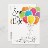 誕生日パーティカラフルバルーン日付の保存 案内ポストカード (正面/裏面)