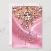 誕生日パーティシかわいらしル赤面ピンクジュエル金ゴールド 招待状 (正面)