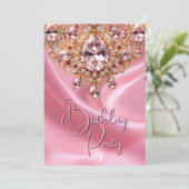 誕生日パーティシかわいらしル赤面ピンクジュエル金ゴールド 招待状 (スタンド正面)