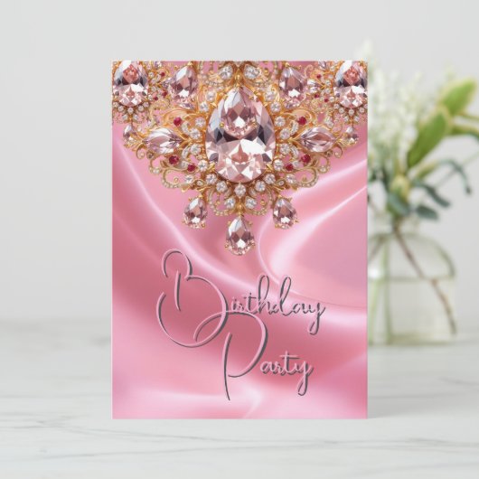 誕生日パーティシかわいらしル赤面ピンクジュエル金ゴールド 招待状 (スタンド正面)