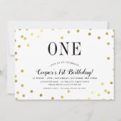 誕生日パーティスタイリッシュ金ゴールド紙吹雪ブルーボーイ 招待状 (正面)