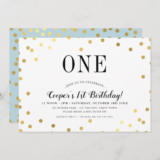 誕生日パーティスタイリッシュ金ゴールド紙吹雪ブルーボーイ 招待状 (正面/裏面)