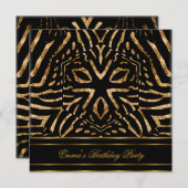 誕生日パーティゼブラブラック金ゴールドアフリカワイルド 招待状 (正面/裏面)