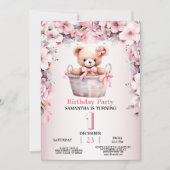 誕生日パーティテディベアーベビーガールピンクの花 招待状 (正面)