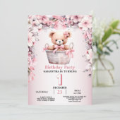 誕生日パーティテディベアーベビーガールピンクの花 招待状 (スタンド正面)