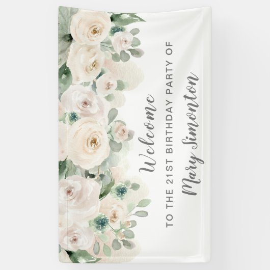 誕生日パーティバナー21stホワイトローズフローラ 横断幕 (縦)