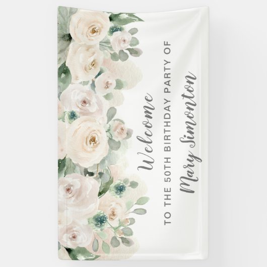 誕生日パーティバナー50thホワイトローズフローラ 横断幕 (縦)
