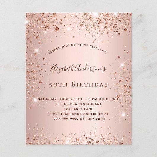 誕生日パーティバラ金ゴールドグリッター予算の招待 チラシ (正面)