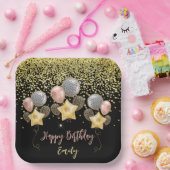 誕生日パーティバルーン金ゴールドグリッターバルーンブラック ペーパープレート (パーティー)