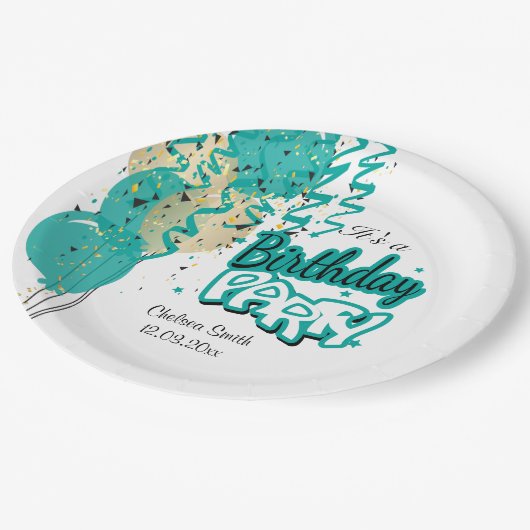 誕生日パーティバルーン – ティール(緑がかった色) ペーパープレート (アングル)