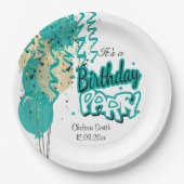 誕生日パーティバルーン – ティール(緑がかった色) ペーパープレート (正面)