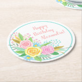 誕生日パーティパイナップルバラブーケピンクイエロー ラウンドペーパーコースター (アングル)