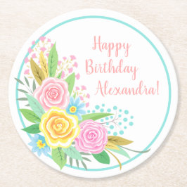 誕生日パーティパイナップルバラブーケピンクイエロー ラウンドペーパーコースター