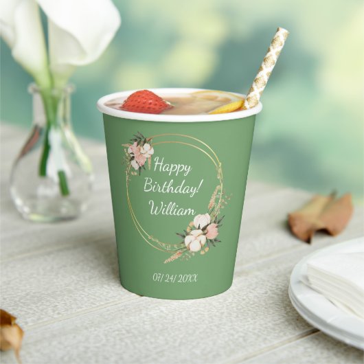 誕生日パーティパーソナライズされたーフローラスプレーグリーン 紙コップ (インサイチュ)