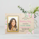 誕生日パーティフォトピンクフローラ花招待状 招待状 (スタンド正面)