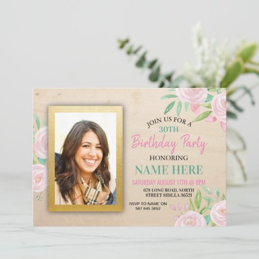 誕生日パーティフォトピンクフローラ花招待状 招待状 (スタンド正面)