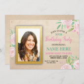 誕生日パーティフォトピンクフローラ花招待状 招待状 (正面/裏面)
