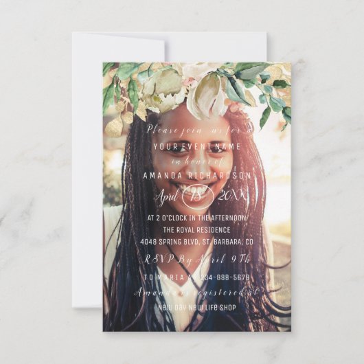 誕生日パーティフォトフラワーズブランチ火花金ゴールド 招待状 (正面)