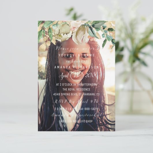 誕生日パーティフォトフラワーズブランチ火花金ゴールド 招待状 (スタンド正面)