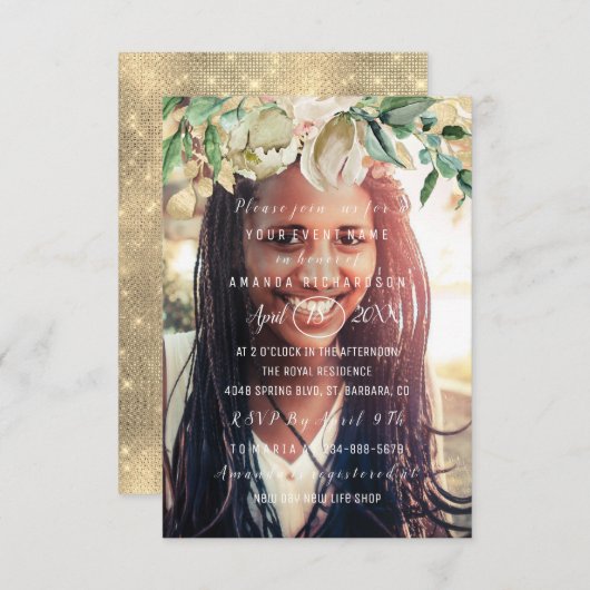 誕生日パーティフォトフラワーズブランチ火花金ゴールド 招待状 (正面/裏面)