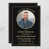 誕生日パーティフォトブラック金ゴールドパーソナライカスタムズ 招待状 (正面/裏面)