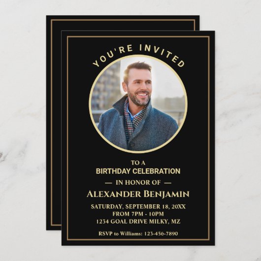 誕生日パーティフォトブラック金ゴールドパーソナライカスタムズ 招待状 (正面/裏面)