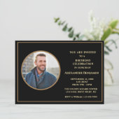 誕生日パーティフォトブラック金ゴールドパーソナライズ 招待状 (スタンド正面)