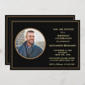 誕生日パーティフォトブラック金ゴールドパーソナライズ 招待状 (正面/裏面)