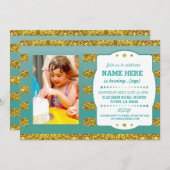 誕生日パーティフォト金ゴールドグリッターストライプ招待状 招待状 (正面/裏面)