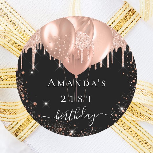 誕生日パーティブラックバラ金ゴールドグリッターバルーン ラウンドシール
