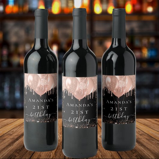 誕生日パーティブラックバラ金ゴールドグリッターバルーン ワインラベル