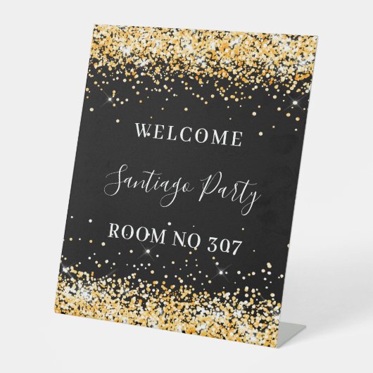 誕生日パーティブラック金ゴールドグリッターウェルカムルームno 台座サイン (正面)