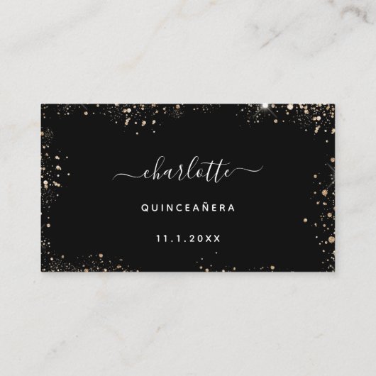 誕生日パーティブラック金ゴールドグリッターRSVP エンクロージャーカード (裏面)